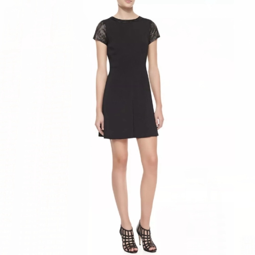 Rebecca Taylor Short Sleeve Black Perforated Leather Sleeved Mini Dress Size 2